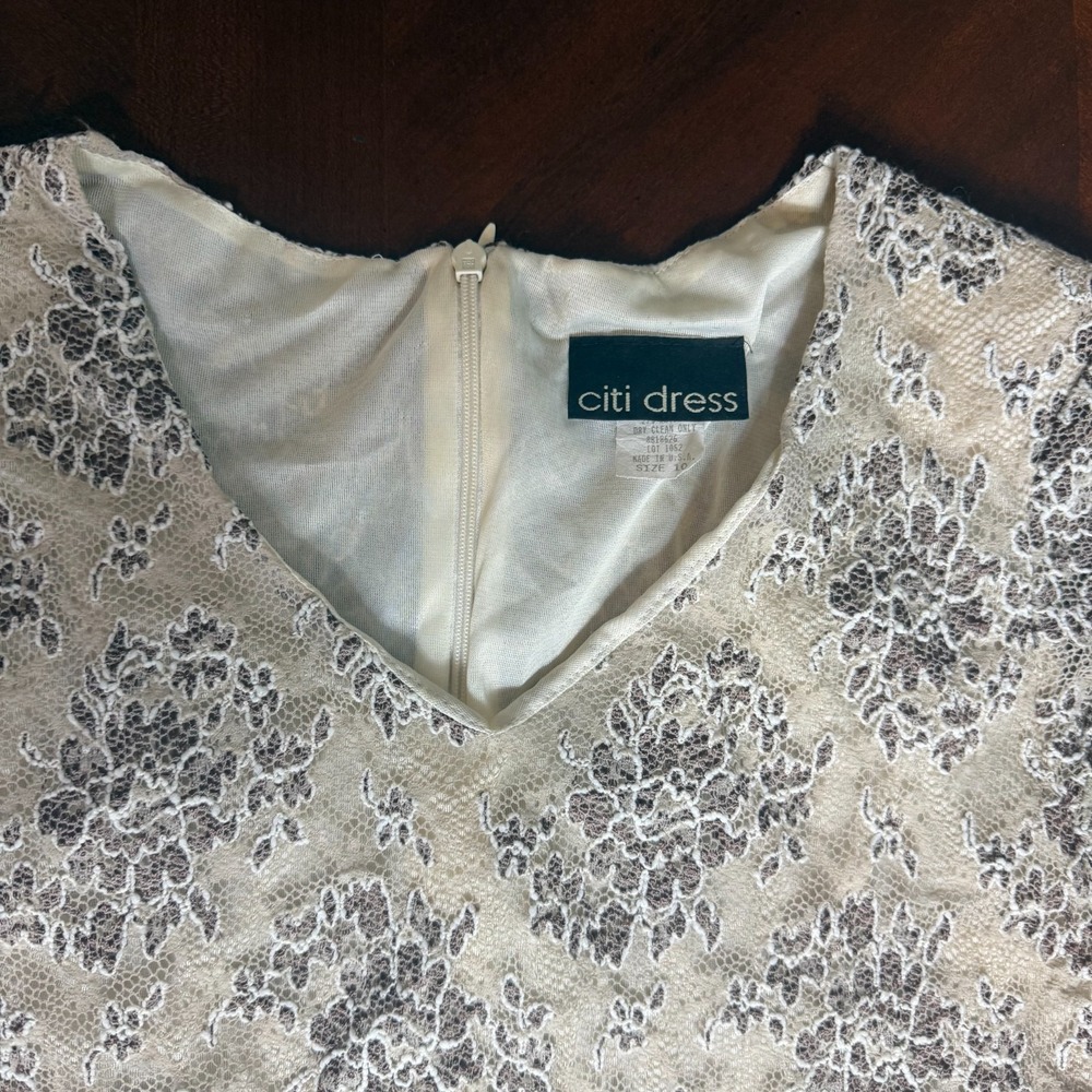 Vintage Lace Overlay Midi Dress Beige Brown Floral Short‎ Sleeve Formal Size 10 - Picture 10 of 13